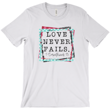 Load image into Gallery viewer, Love Never Fails -- Ash Grey Bella Canvas Crewneck Tee - Southern Crush