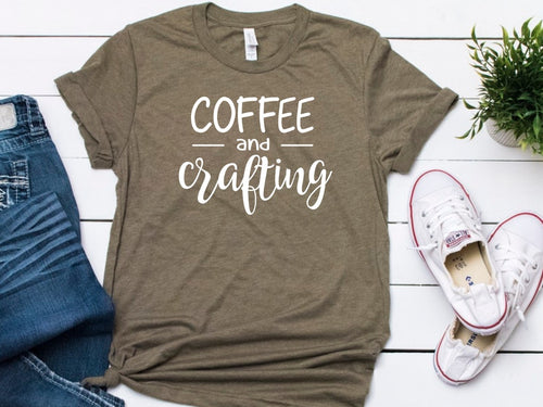 Coffee and Crafting -- Army Green Bella Canvas Crewneck Tee - Southern Crush
