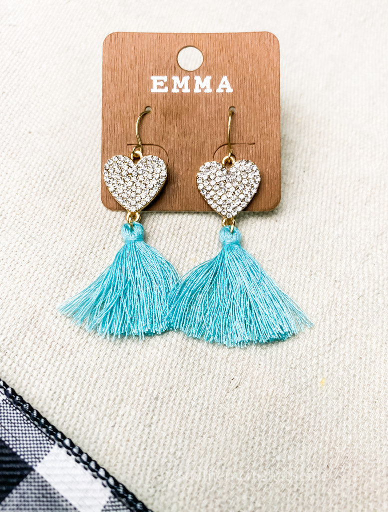 Bling Heart and Turquoise Tassel Emma Earrings - Southern Crush