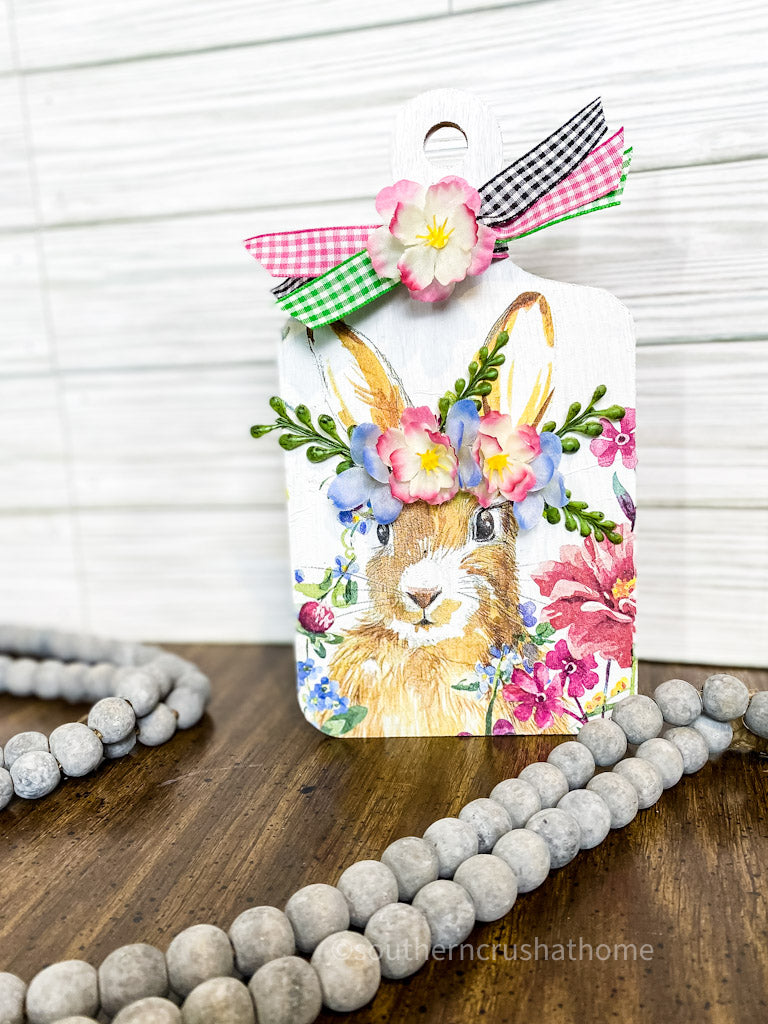 Cutting Board Bunny Craft with Ribbon and Greenery - Southern Crush