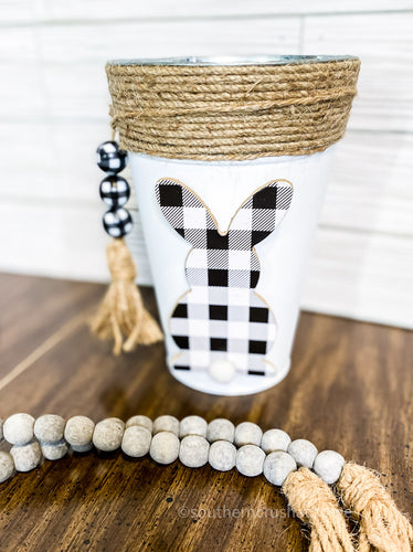 Buffalo Check Bunny Metal Bucket with Jute Twine and Beaded Tassel - Southern Crush