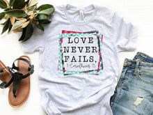 Load image into Gallery viewer, Love Never Fails -- Ash Grey Bella Canvas Crewneck Tee - Southern Crush